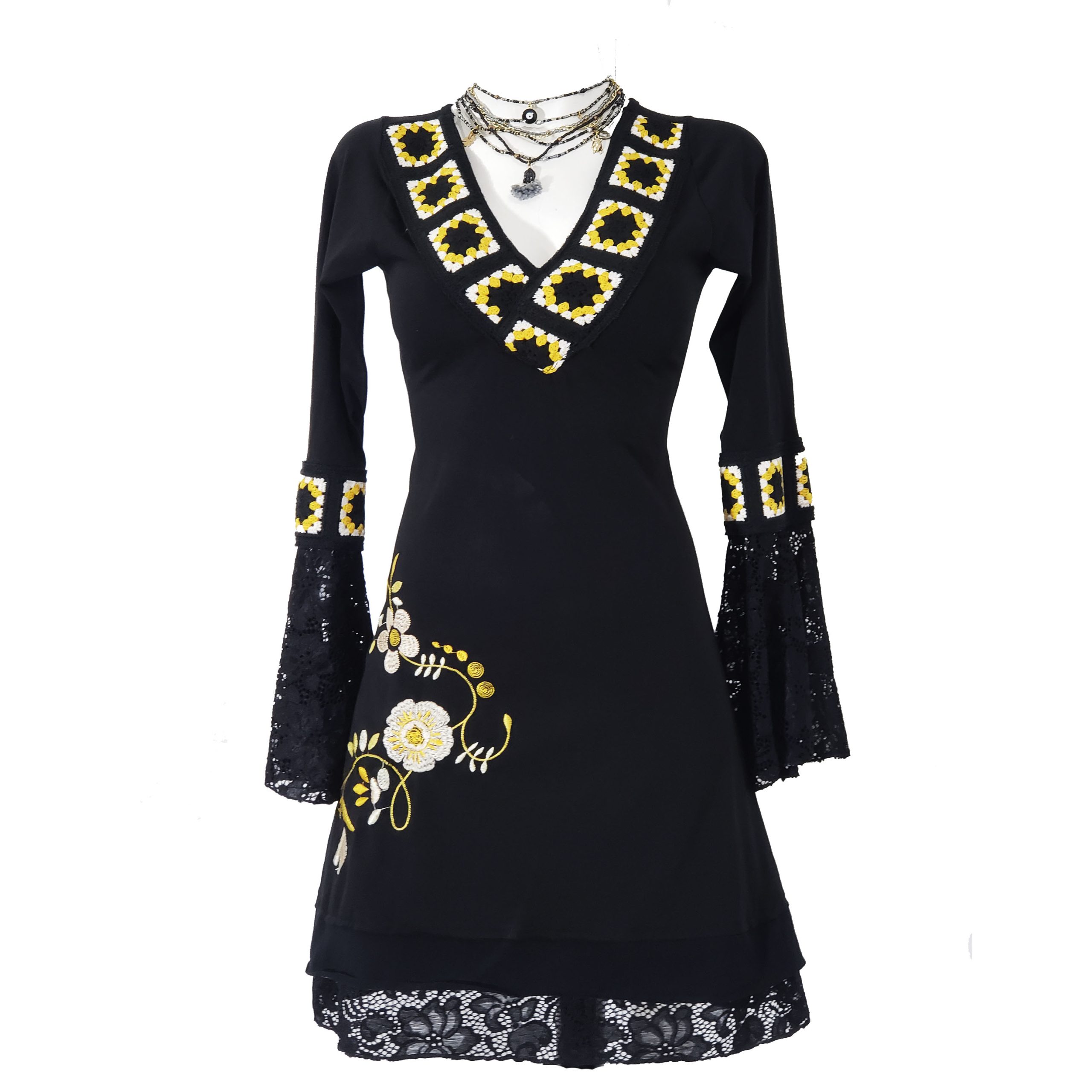Vestido Simona V negro crochet amarillo
