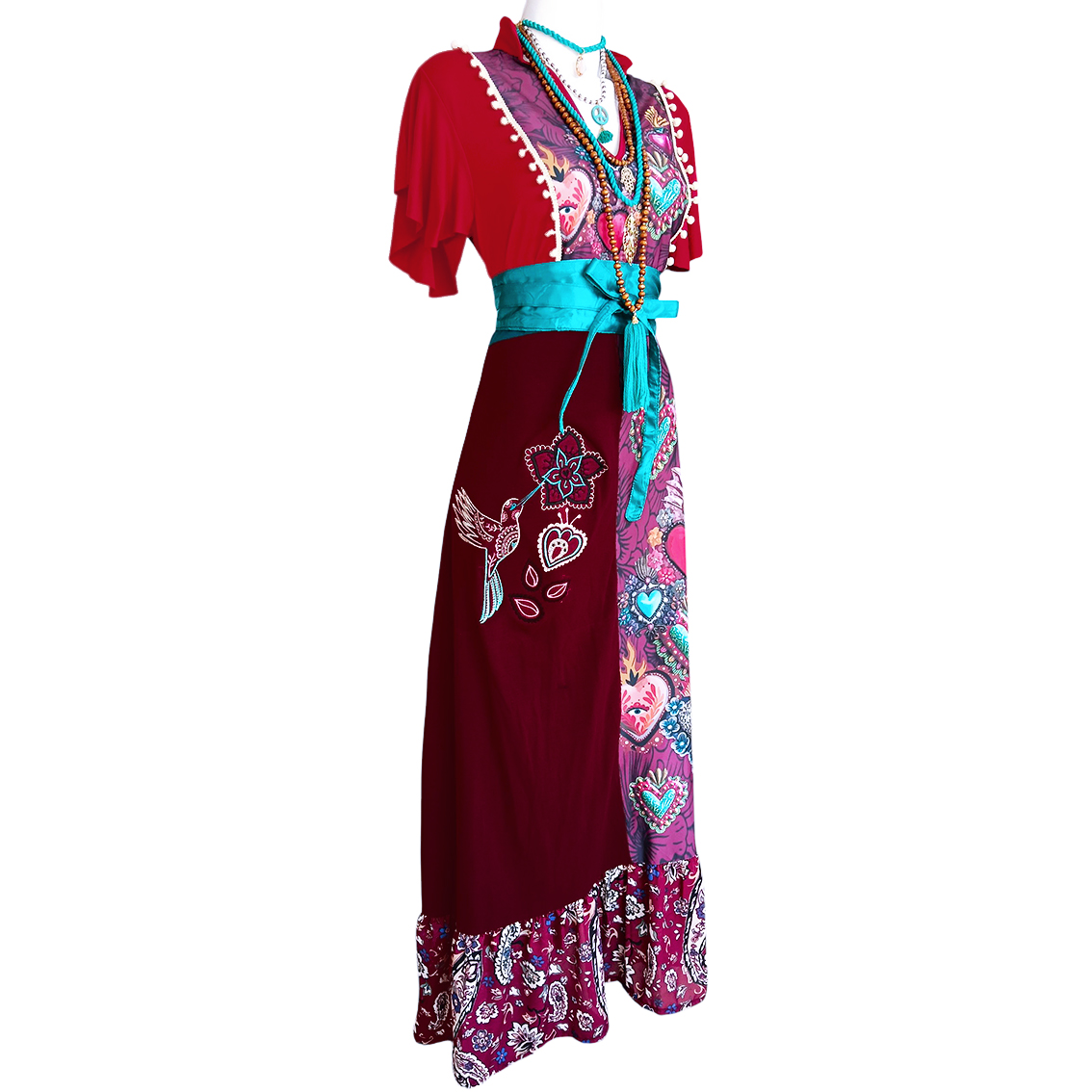 Vestido Hippie Largo rojo vino corazones - Imagen 10