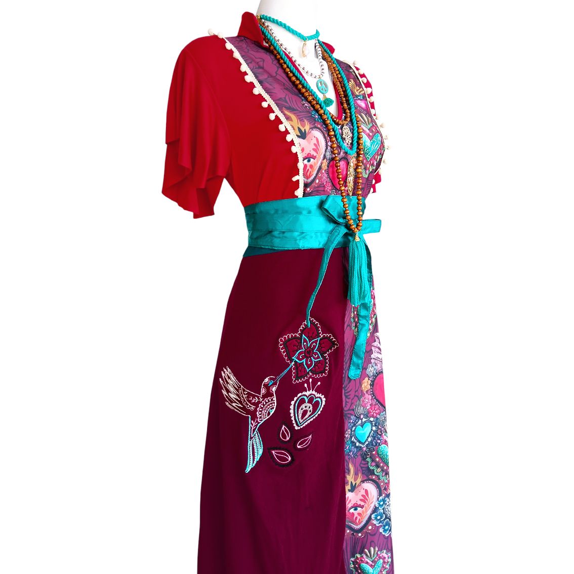 Vestido Hippie Largo rojo vino corazones - Imagen 7