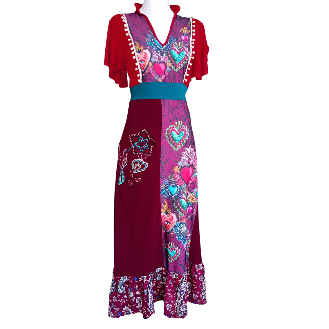 Vestido Hippie Largo rojo vino corazones - Imagen 8