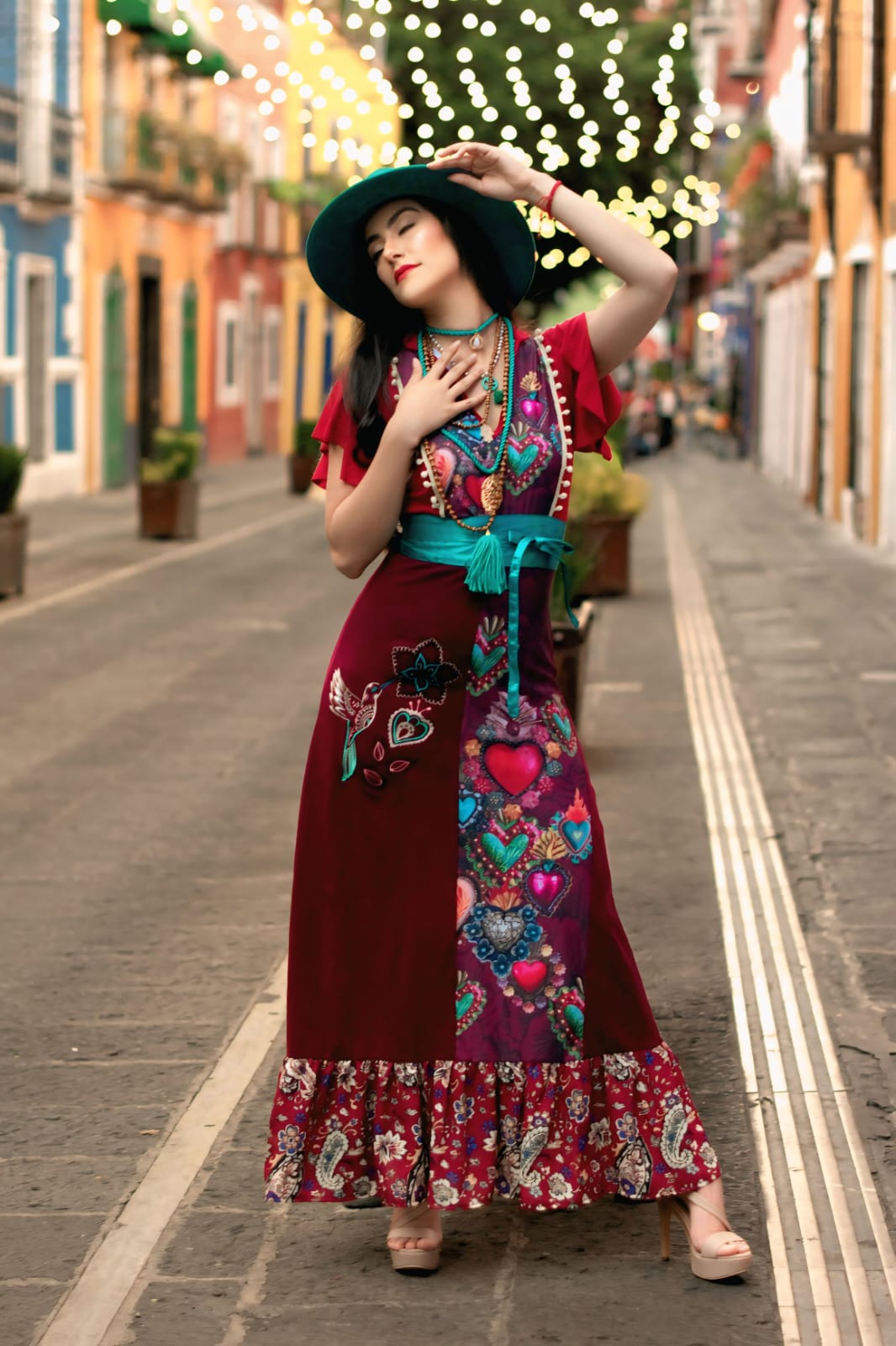 Vestido Hippie Largo rojo vino corazones - Imagen 2