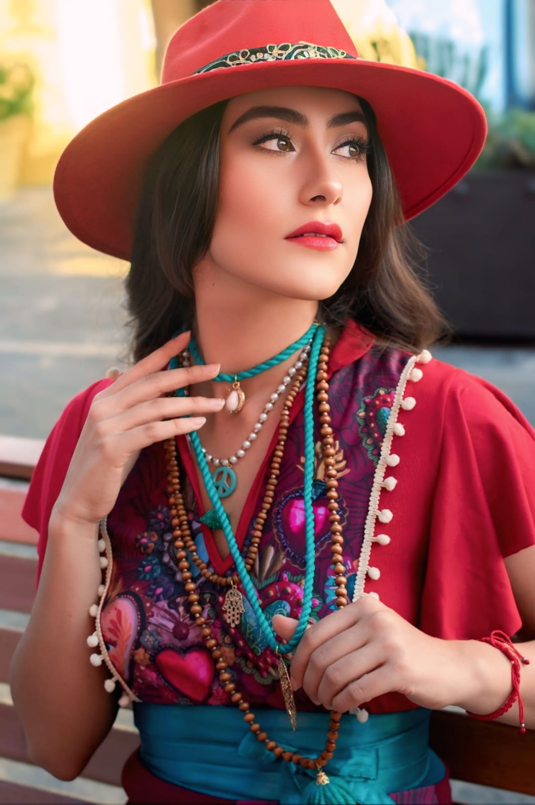 Vestido Hippie Largo rojo vino corazones - Imagen 3