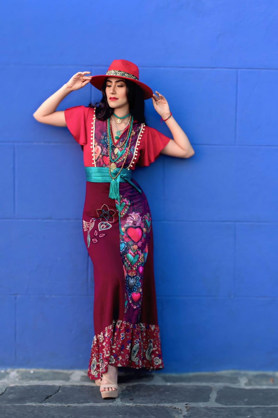 Vestido Hippie Largo rojo vino corazones