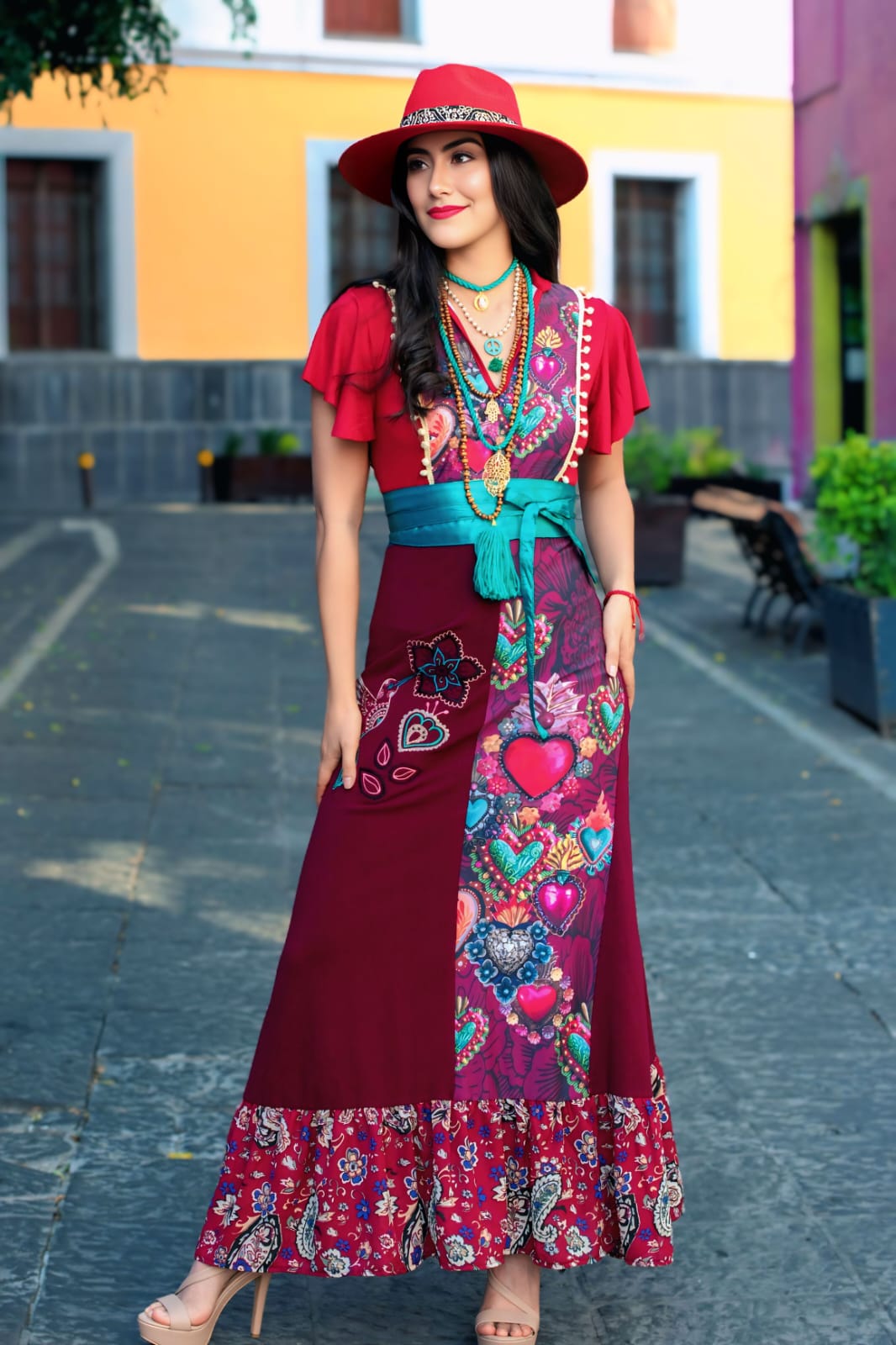 Vestido Hippie Largo rojo vino corazones - Imagen 4