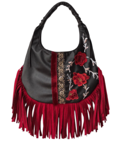 Bolsa Redonda Flecos negro flores rojas